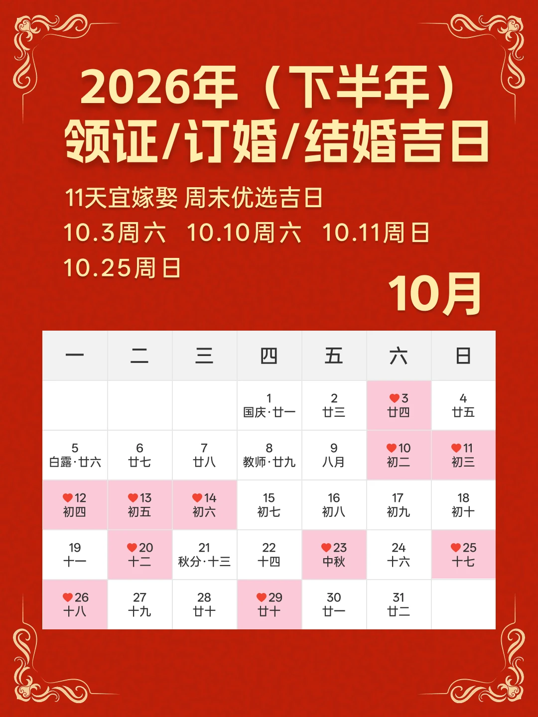 10月嫁娶吉日|提前码住做准备