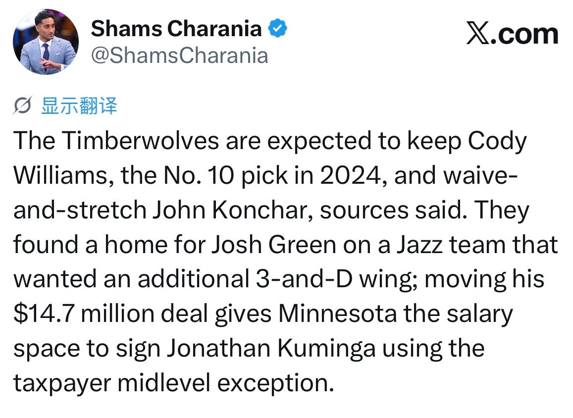 Shams：森林狼预计会留下2024年10号秀科迪-威廉姆斯，同时裁掉并分期摊账孔查尔。 ​