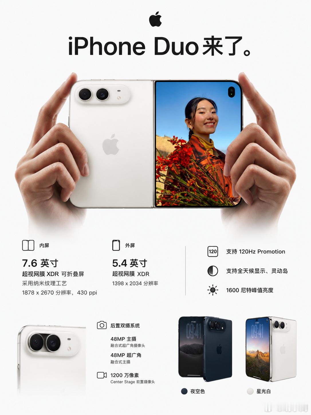 【一文看懂苹果折叠屏——iPhone Duo】
苹果折叠屏终于发布了，简单梳理一下主要信息。

首先，官方命名不是 iPhone Ultra，而是 iPhone Duo。“Duo” 源自拉丁语，意为“双屏”。

iPhone Duo 采用了折叠形态，外屏尺寸为 5.4 英寸，内屏 7.6 英寸。内外屏均为超视网膜 XDR 规格，其中内屏还采用了纳 ​