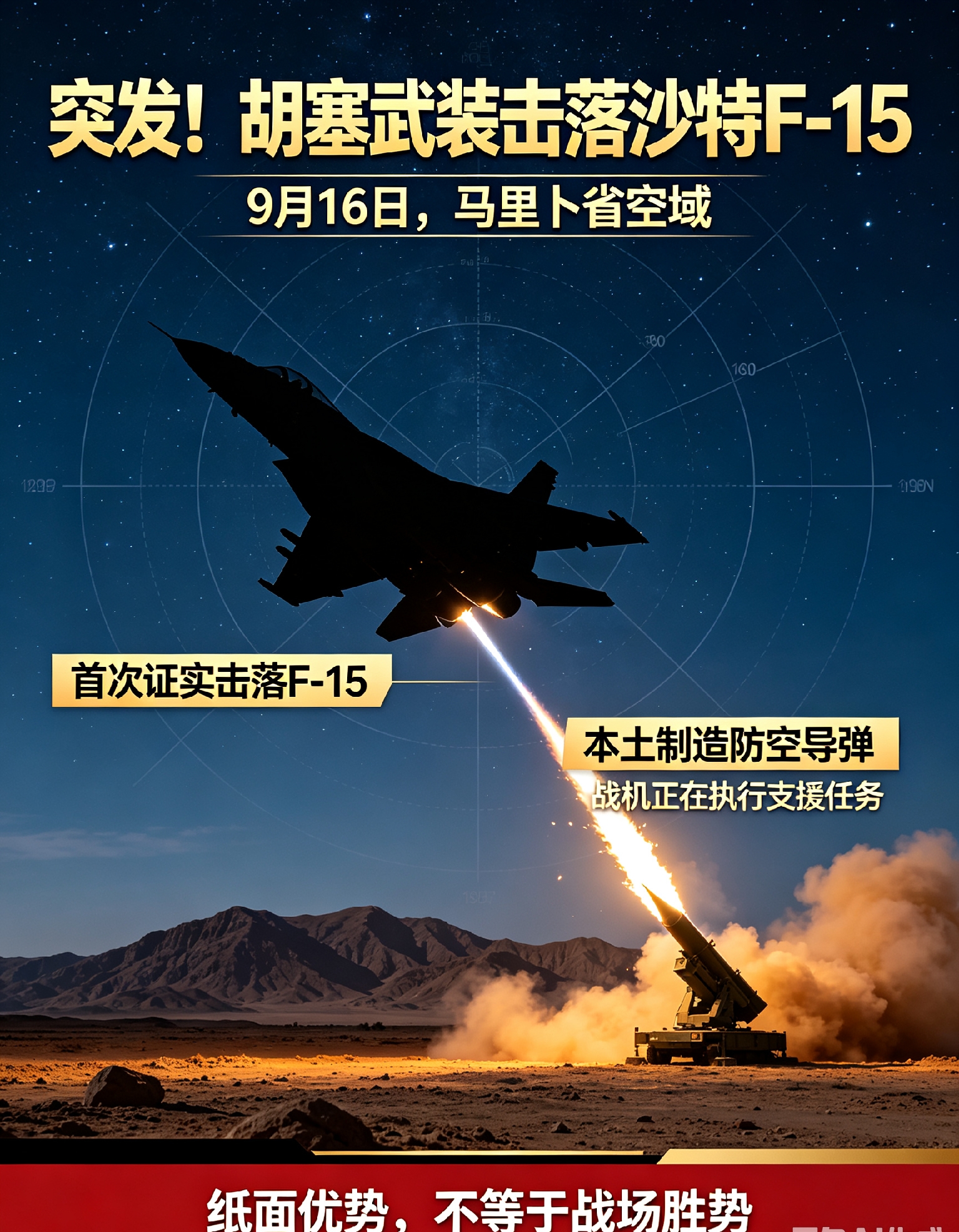 突发大冷门！胡塞打下沙特F15王牌战机，中东乱局彻底捂不住了
 
9月16日中东战场爆出年度最大战场冷门。看似装备落后的也门胡塞武装，在马里卜省空域，用本土制造防空导弹击落沙特空军一架F-15重型战机。这也是双方常年交战以来，胡塞武装首次拿下这款美制王牌战机的击落记录。
 
F-15战机如同空军领域