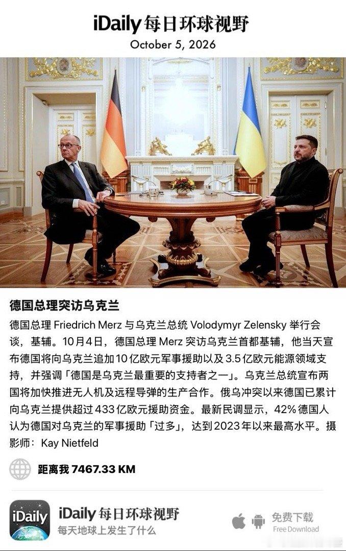 October 5, 2026 - 德国总理 Friedrich Merz 与乌克兰总统 Volodymyr Zelensky 举行会谈，基辅。10月4日，德国总理 Merz 突访乌克兰首都基辅，他当天宣布德国将向乌克兰追加10亿欧元军事援助以及3.5亿欧元能源领域支持，并强调「德国是乌克兰最重要的支持 ​