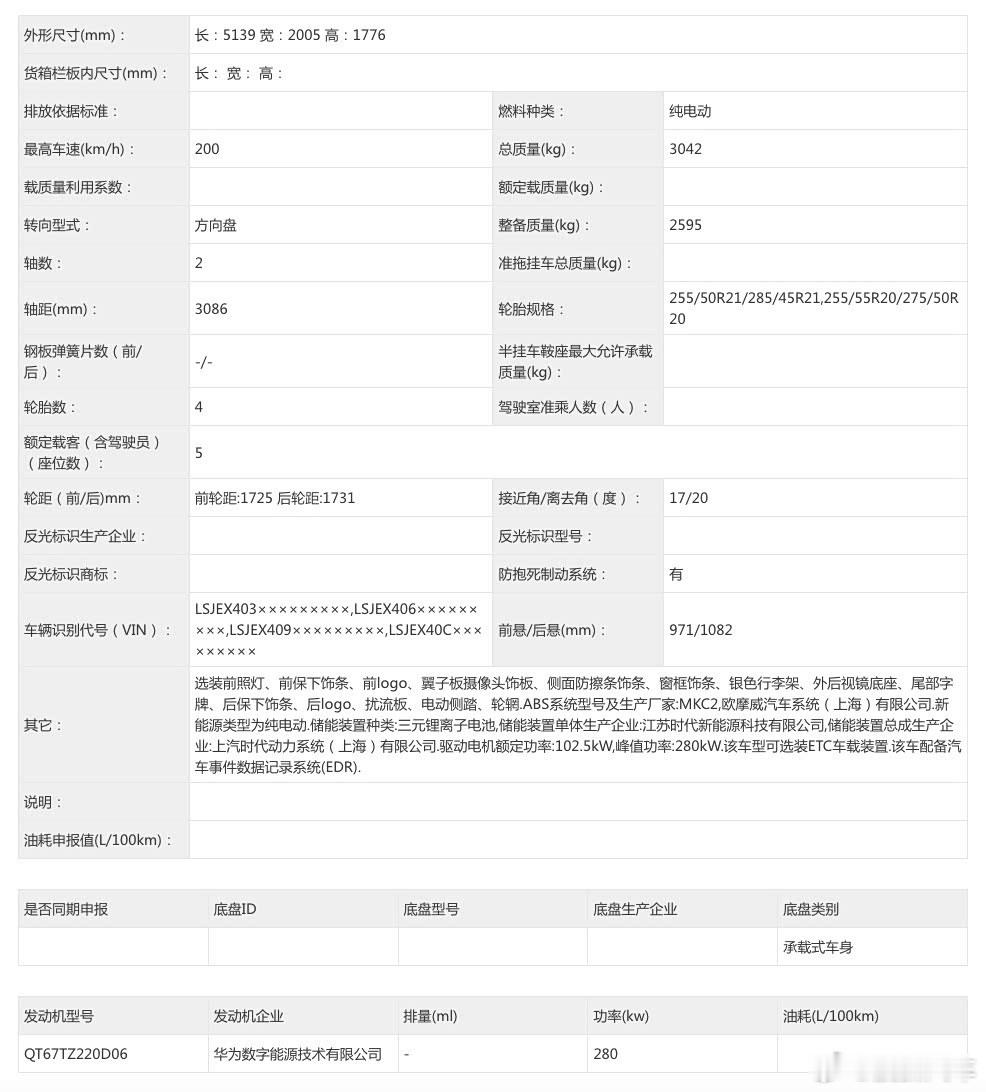 【#尚界Z9申报信息# 搭载华为电机】新车前脸延续尚界H5的风格，前包围配备主动进气格栅，车头顶部配备激光雷达。新车长宽高分别为5139/2005/1776mm，轴距为3086mm，并有5座版和6座版本可选。动力搭载华为单电机、上汽与华为提供的双电机，单电机版最大功率280千瓦；双电机版前后电机功率分别为175千瓦 ​