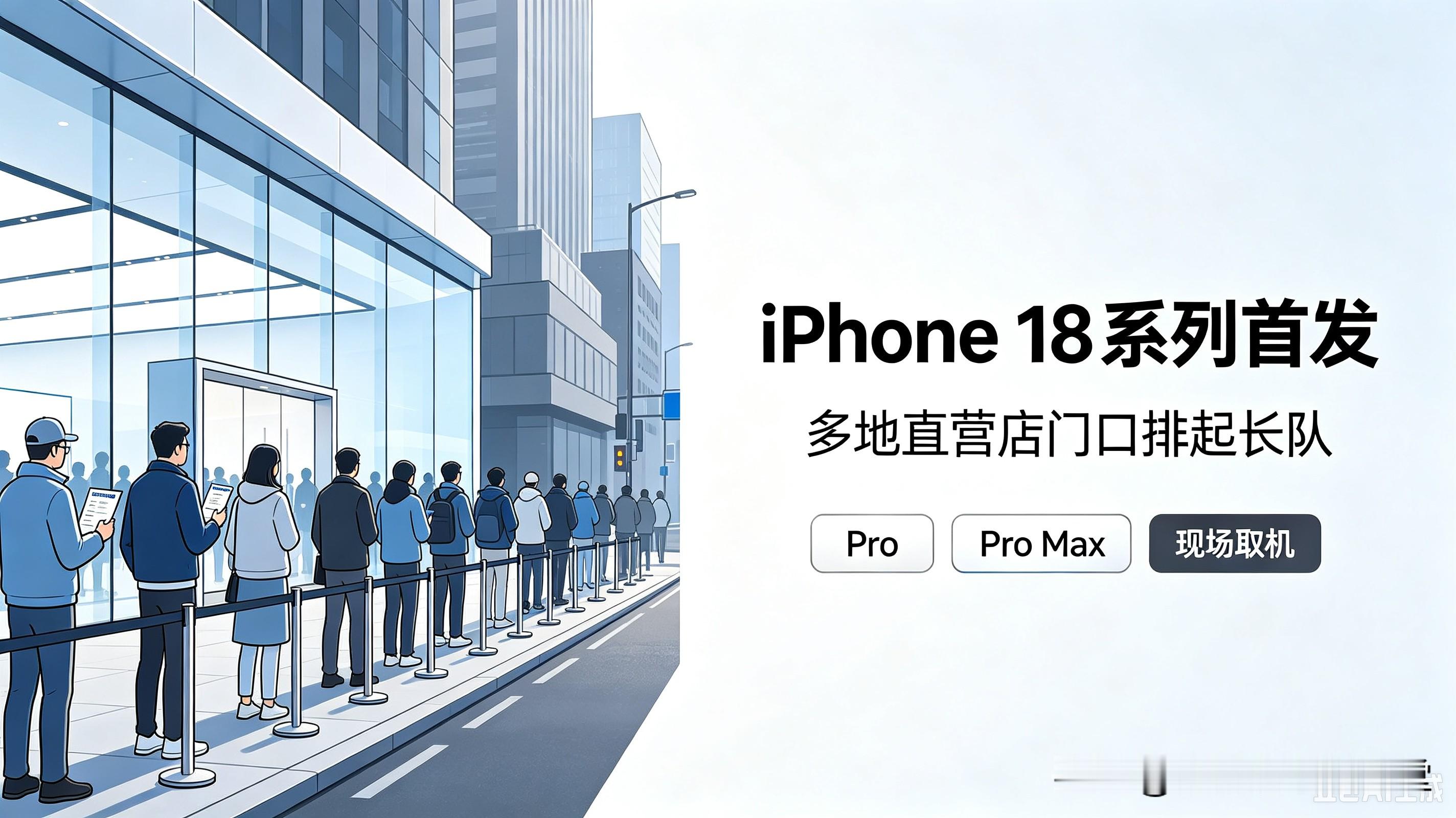 iPhone18系列首发，多地门店大排长队，黄牛现身
 
9月18日，iPhone18 Pro、Pro Max正式首发。
全国多家苹果直营店门口排起长队，不少提前预约的用户专程赶来现场取新机。
 
首发现场也出现不少黄牛蹲守收机，新机的溢价行情起伏不定。
每一代苹果新机发售，总会上演排队抢购的场面。
