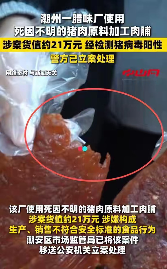 东凤两厂肉脯阳性｜21万黑料，腊味避坑必看
爱吃猪肉脯、腊肠的先停手。2026年5月，潮安区市监+公安突查东凤镇一腊味厂，负责人陈某忠，现场查扣死因不明猪肉原料+猪肉脯半成品一批，检测猪病毒阳性，货值约21万元，按《刑法》143条移送公安。
注意看7月同镇另一家：某香腊味厂冰柜里是无标签、无检疫凭证冻猪肉，原料和成品肉脯都检到猪病毒阳性，同样移送公安。
连起来看就不像单家手滑——潮安全区今年肉制品案25宗、移司4宗，典型还有烧烤店过期猪耳、肉丸摊用“清洁剂标”的非食品原料、电商牛肉丸虚标93%—96%含量。
为啥必须严＋倒查：
• 厂端不索检疫票，死因不明/无票冻肉进车间，腌制烘干一包装就变“正宗脯”
• 同镇5月、7月都出阳性，若日常巡检只看包装间、不查冷库原料，漏洞会复制
• 按党政同责，主要负责人是第一责任人；同镇连发、无票原料反复入场若属履职不到位，应依规按权限问责，不是只判老板
买肉脯/腊味三看：①动物检疫合格证明或电子票 ②出厂检验记录 ③厂名厂址配料全。低价散装、微商...