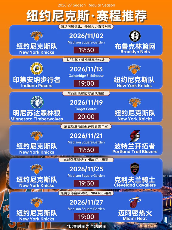 🏀纽约尼克斯🔥11月NBA精选赛程 🎫门票预订