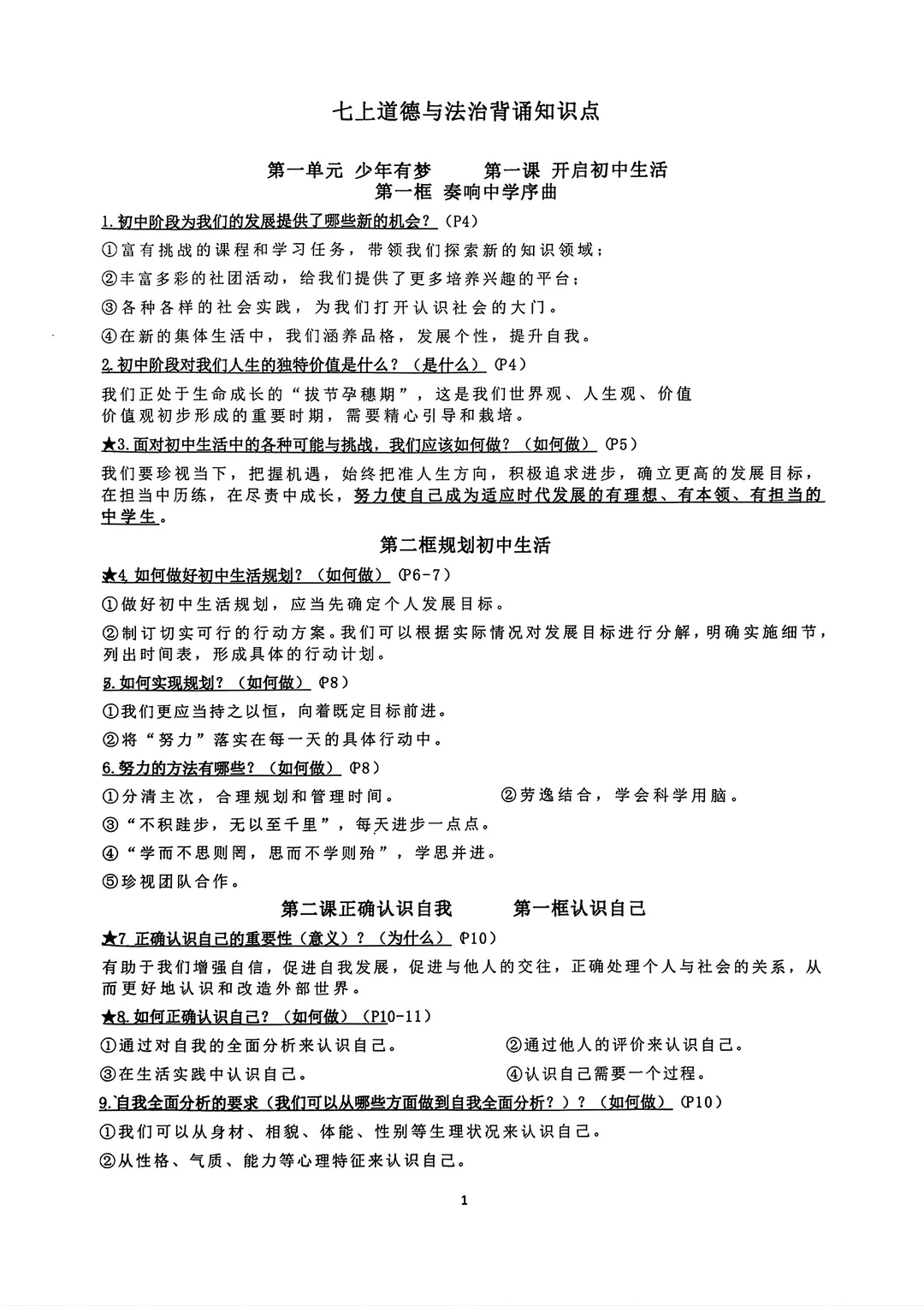 七年级上册道法道德与法治背诵资料2024