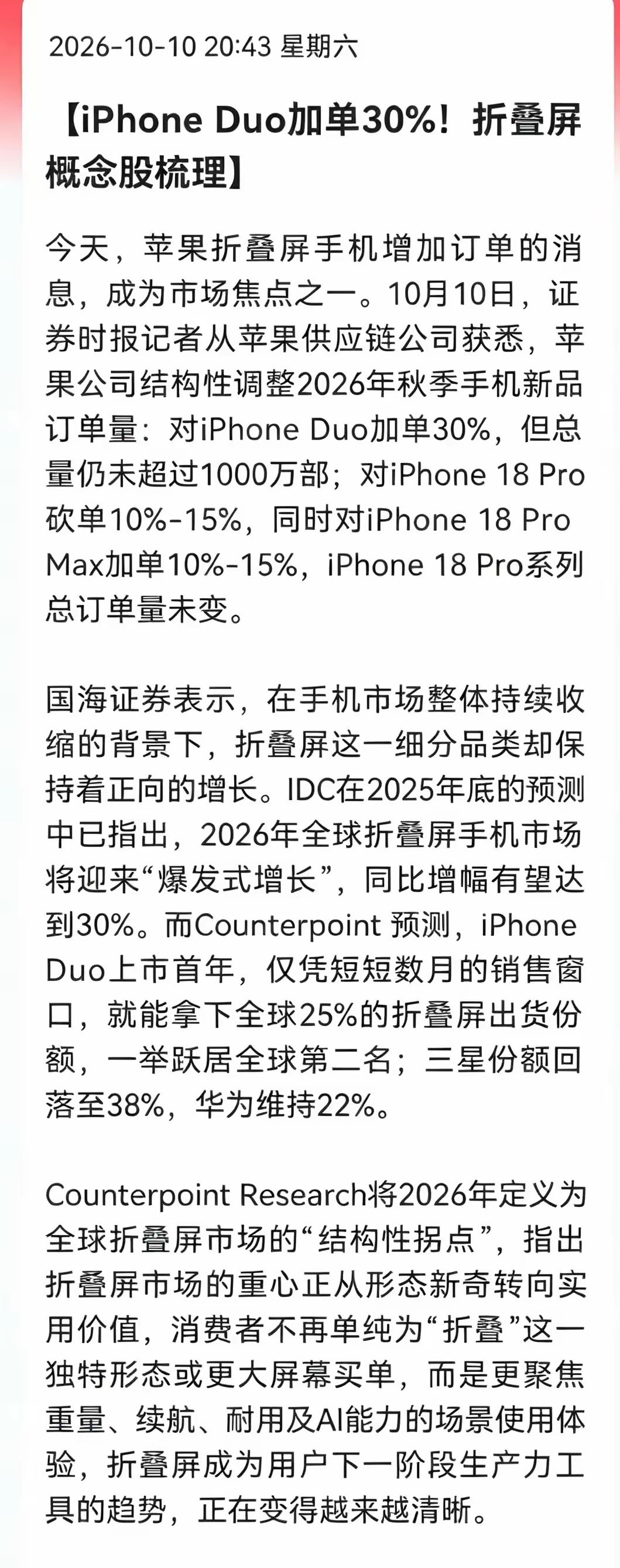 iPhone Duo加单30%，折叠屏会飞吗？
这个消息一出，明天折叠屏概念股又该热闹起来了。
​不过我想聊点不一样的角度。
​加单这件事，真正的信号不是“苹果卖得好”，而是“苹果也把折叠屏当成利润发动机了”。 供应链那边同时砍了iPhone 18 Pro的订单，把量往Pro Max和Duo上挪。翻译一下：苹果在主动引 ​