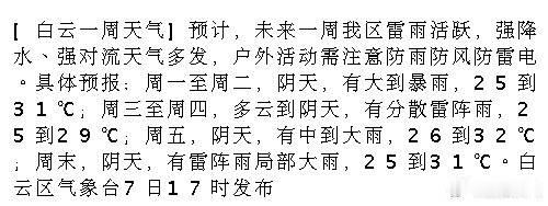 [白云一周天气]预计，未来一周我区雷雨活跃，强降水、强对流天气多发，户...