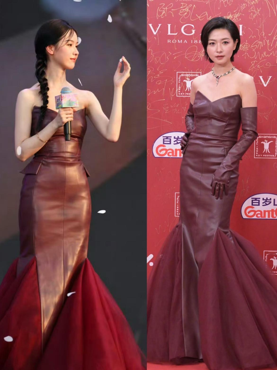 陈都灵撞衫万茜[奸笑][奸笑]两美女都很美，一件衣服不同的诠释，酷和甜...