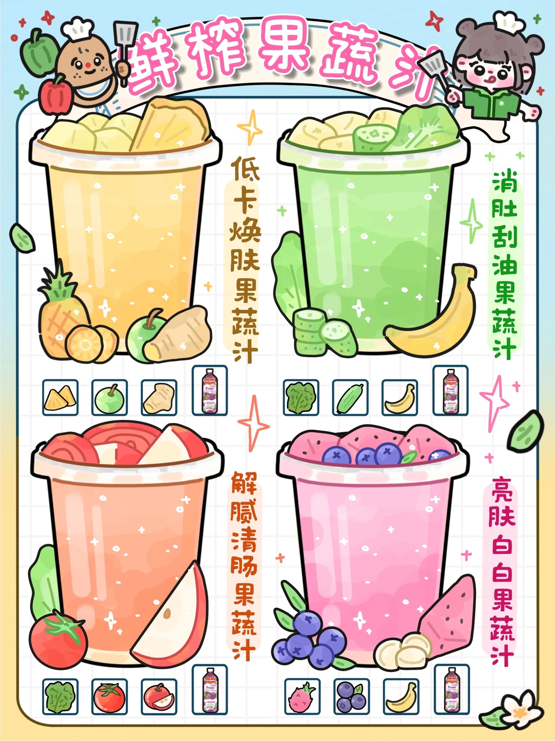 手绘食谱🍓｜低卡果蔬汁🍹合集‼️初夏好身材
