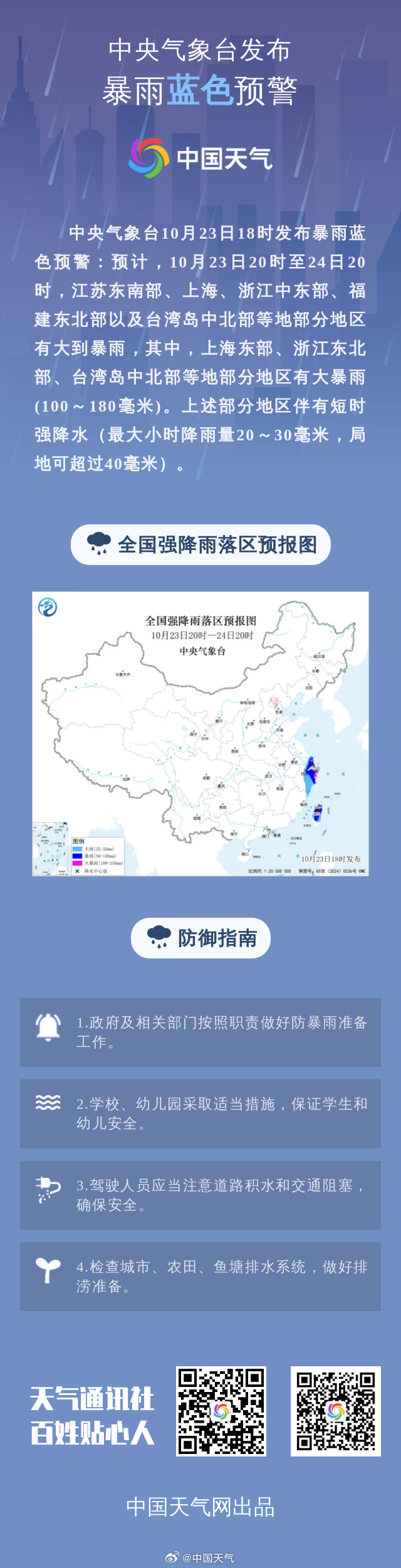中央气象台10月23日18时发布暴雨蓝色预警：预计，10月23日20时至24日20时，江苏东南部、上海、浙江中东部、福建东北部以及台湾岛中北部等地部分地区有大到暴雨，其中，上海东部、浙江东北部、台湾岛中北部等地部分地区有大暴雨(100～180毫米)。上述部分地... ​