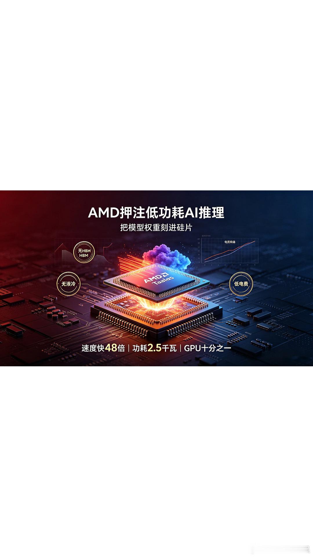 AMD花2个亿买芯片，比GPU快48倍

AMD刚刚出手了。8月6日，AMD宣布收购加拿大AI推理芯片公司Taalas，融资规模达2.19亿美元。这家公司的HC1芯片有点猛——运行同一个AI模型，速度比英伟达通用GPU快48倍，功耗却只需2.5千瓦，是GPU的十分之一。
核心秘密是把AI模型权重直接蚀刻进硅片，不用高带宽内存和液 ​