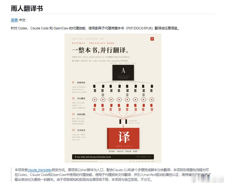 整本书翻译这块，终于有人把工具开源出来了，而且是直接封神那种。

把它丢给 Claude Code，一本外文书进去，一整本中文版出来。GitHub 上这个叫 translate-book 的项目（原名 Rainman Translate Book），专治 AI 翻整本书时最让人抓狂的那几个痛点。

它从设计之初就是奔着整本书去的。

并行这块做得 ​