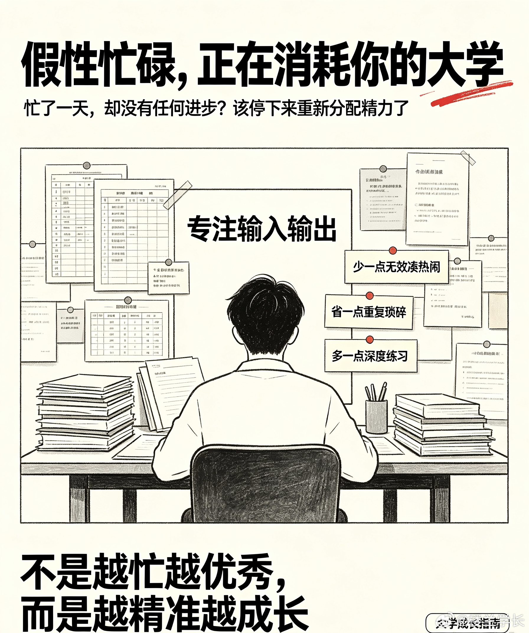 大学一定要戒掉的“假性忙碌”
 
很多大学生每天都很忙，课满、作业多、社团忙，但期末回头一看，什么实质性进步都没有。这就是大学里最耗人的「假性忙碌」。看起来行程满满，实则没有一点成长增量。
 
假性忙碌最典型的表现：上课全程坐满但从不思考，作业拖延到最后草草写完，社团开会全程摸鱼跟风， ​