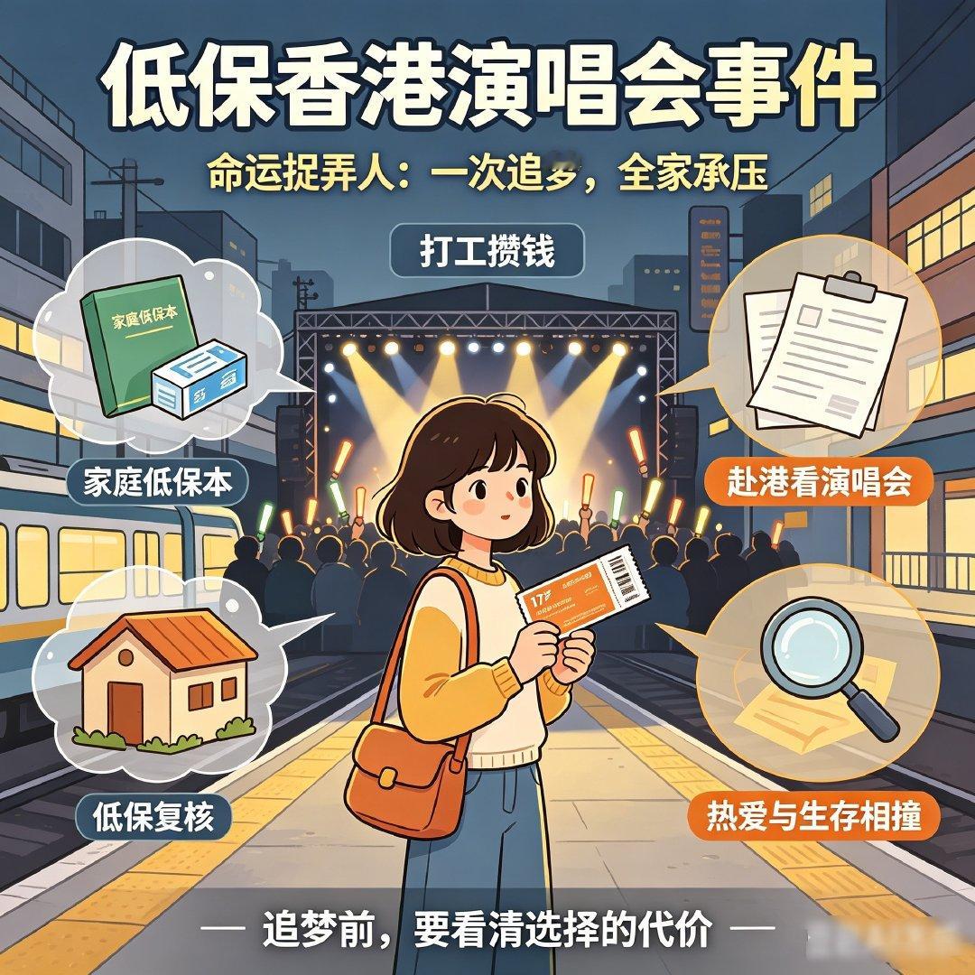 #低保香港演唱会事件 命运捉弄人#🔥
一边是少年拼尽全力换来的追星圆梦，一边是全家赖以生存的低保。
女孩打工攒钱赴港看演唱会，触发低保动态复核。
理想很滚烫，现实却很沉重。
个人热爱与公共救助规则相撞，一次奔赴，背后是一家人的生存压力，这大概就是命运最捉弄人的地方。 ​