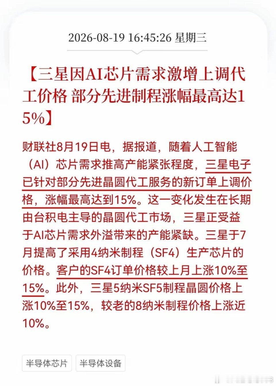 半导体今天是“洗盘”吗？暴跌后又来个重磅利好，这叫人怎样坐的住。就在刚刚三星突然宣布涨价15%！

​三星因AI芯片需求激增上调代工价格 部分先进制程涨幅最高达15%！

​此消息大利好国内半导体的四大方向：
​1️⃣国产晶圆代工。
​三星涨价及先进产能紧缺将带来订单外溢，利好国产成熟制程产能利 ​