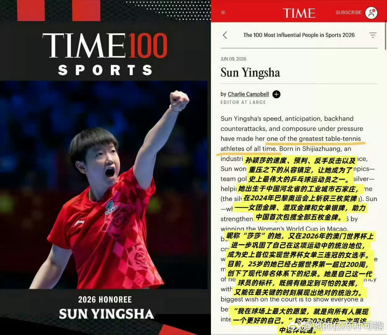 6月9日，《时代》周刊发布首届2026年度百大体育影响力人物（TIME...