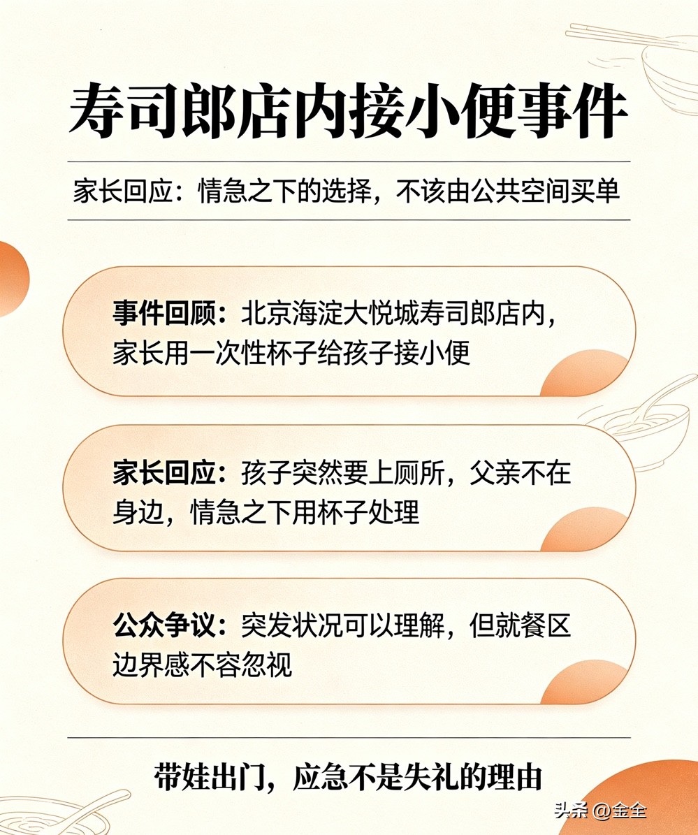 寿司郎杯子接小便事件后续，涉事家长作出回应

北京寿司郎店内家长用杯子接孩子小便一事引发热议。涉事家长致歉，称孩子突发如厕需求情况紧急，情急之下才出此下策，内心十分愧疚，愿意承担赔偿。门店已完成消杀处理，相关部门也介入调查。公共餐厅内，孩子突发内急该如何妥善处理？

寿司郎 餐饮热点