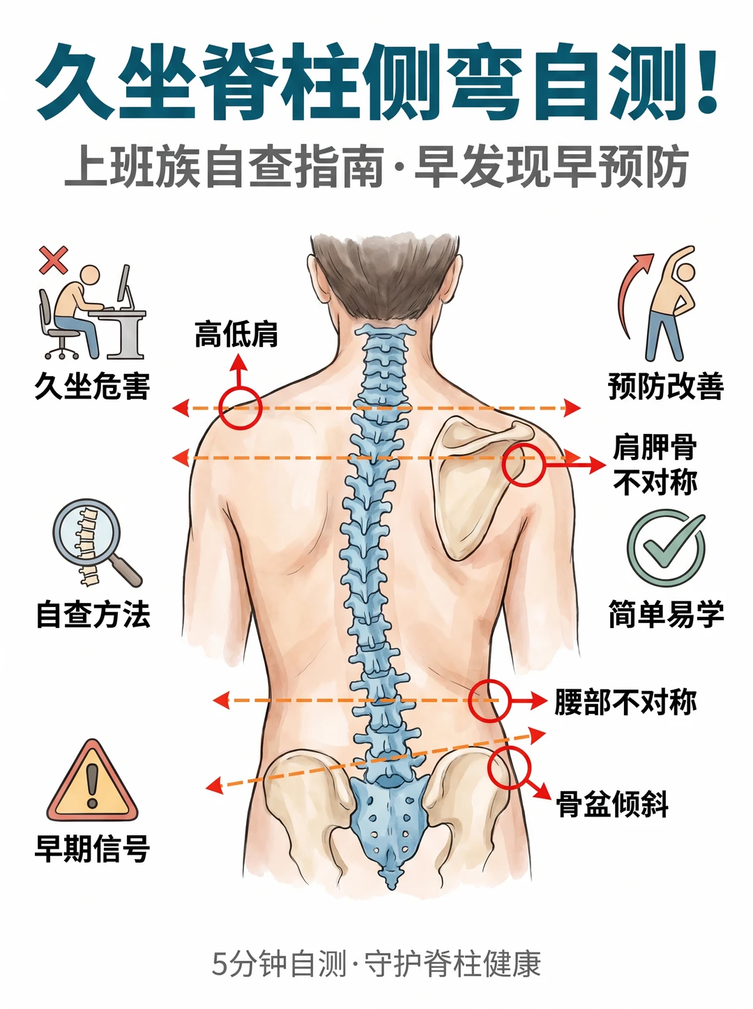 久坐党必查！5 分钟自测脊柱侧弯⚠️