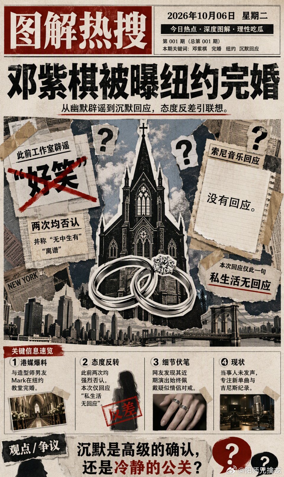 邓紫棋刚刷新了吉尼斯纪录，转头就传出在纽约完婚的消息。最有意思的不是港媒的爆料，而是经纪公司这次的态度。

以前遇到秘婚传闻，工作室要么说“实在太好笑”，要么幽默辟谣，反应快得像是在维护盘面稳定。这次索尼音乐只回了一句“艺人的私生活，没有回应”。这种从“坚决否认”到“暧昧沉默”的转 ​