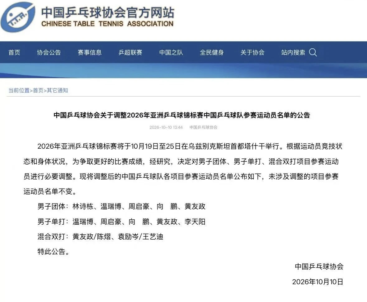 乒乓|乒乓球亚锦换将，国乒作何考量
林诗栋在名古屋亚运会获得三金一银为何不趁热打铁， 保持状态继续参赛。林诗栋退出了男子单打和混合双打（与蒯曼搭档），唯独留下团体项目。近日，林诗栋被拍到在医院就医，引发了外界对其健康的担忧。果不其然，林诗栋退出了亚锦赛的两个项目。
本次亚锦赛，主力王楚钦不参赛，亚运