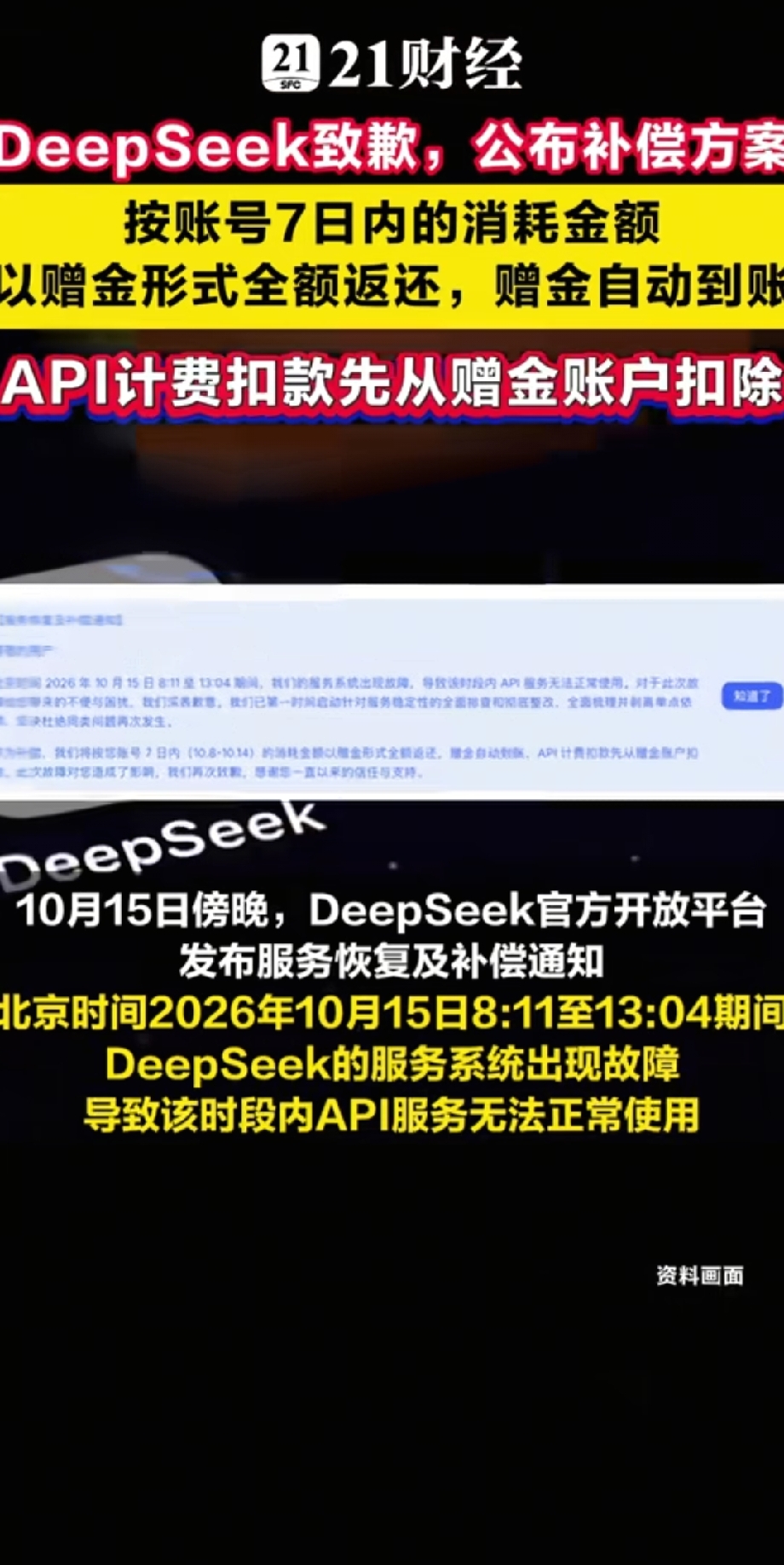 “DeepSeek今天崩了？官方火速道歉，直接全额退款补偿！”
今天上午8点11分到下午1点04分，DeepSeek系统突发故障，API直接趴窝用不了。
官方的反应很快，方案也很硬核：按账号7天内的消耗金额，以赠金形式全额返还，自动到账！而且后续API计费扣款，先扣赠金！ 并承诺全面排查，杜绝再犯。