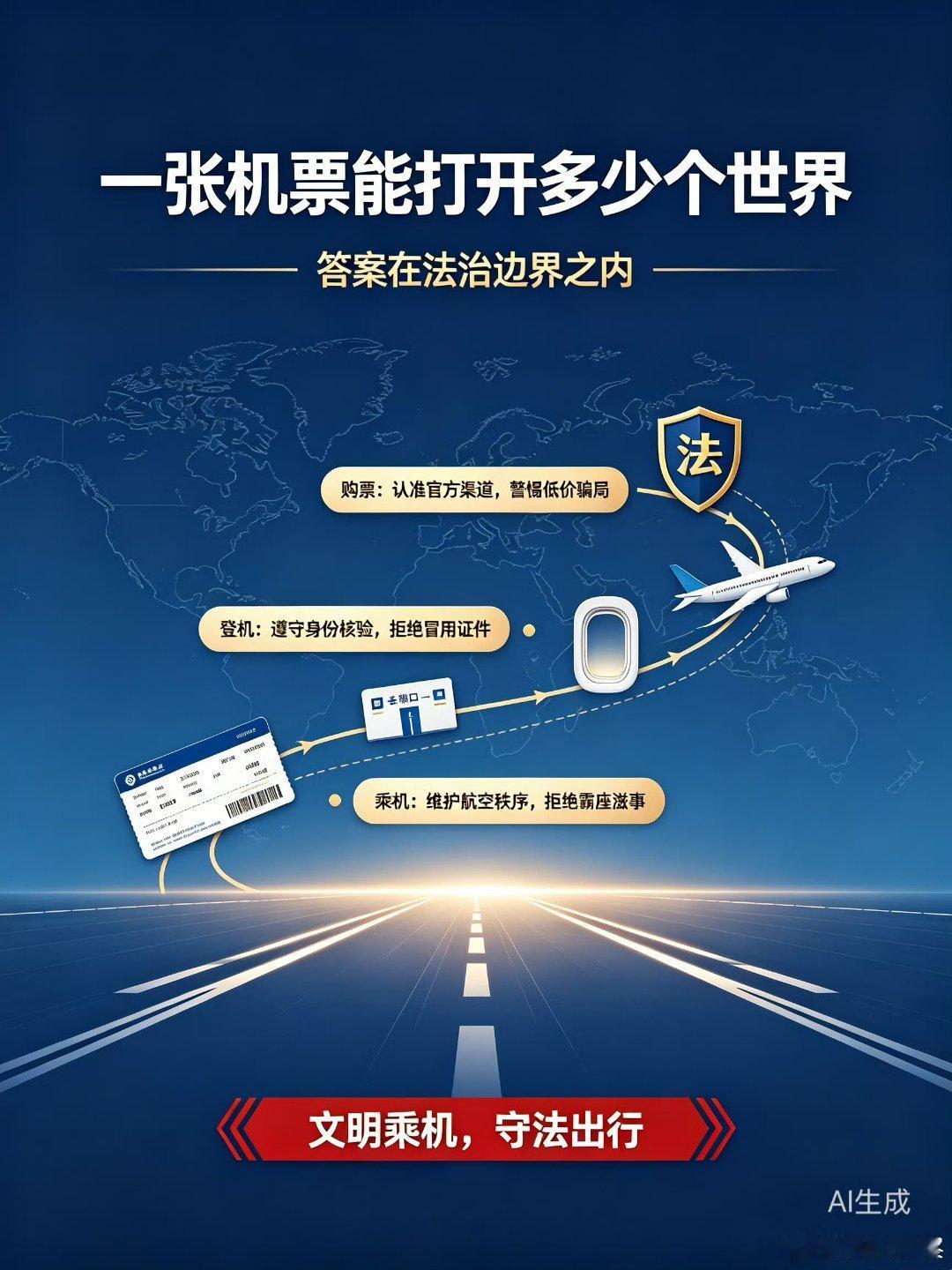 #定检普法#  一张机票，通往远方，但出行自由也有法律边界。#一张机票能打开多少个世界#
检察官提醒：购买机票请通过正规渠道，不要轻信低价代订、内部机票等骗局；切勿冒用他人身份购票、登机。
航班出行，遵守民航管理规定，不携带违禁品，拒绝机上寻衅滋事、霸座等行为。
#定检提醒#  旅途虽远，法 ​