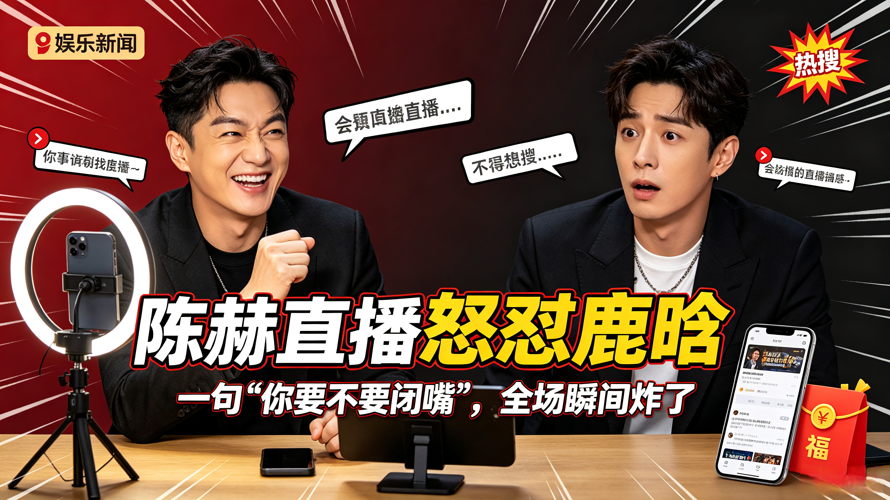 热搜爆了！陈赫直播怒怼鹿晗，一句“你要不要闭嘴”，看清内娱真假友情
 
刷到陈赫直播怒怼鹿晗这个热搜的时候，不少人第一反应都愣住了。
 
很多网友点开短视频片段，只听见陈赫一句“你要不要闭嘴”，瞬间以为两人闹掰，昔日跑男兄弟当场翻脸。
 
可完整直播看完才发现，这场被标题渲染成“怒怼”的冲突，压