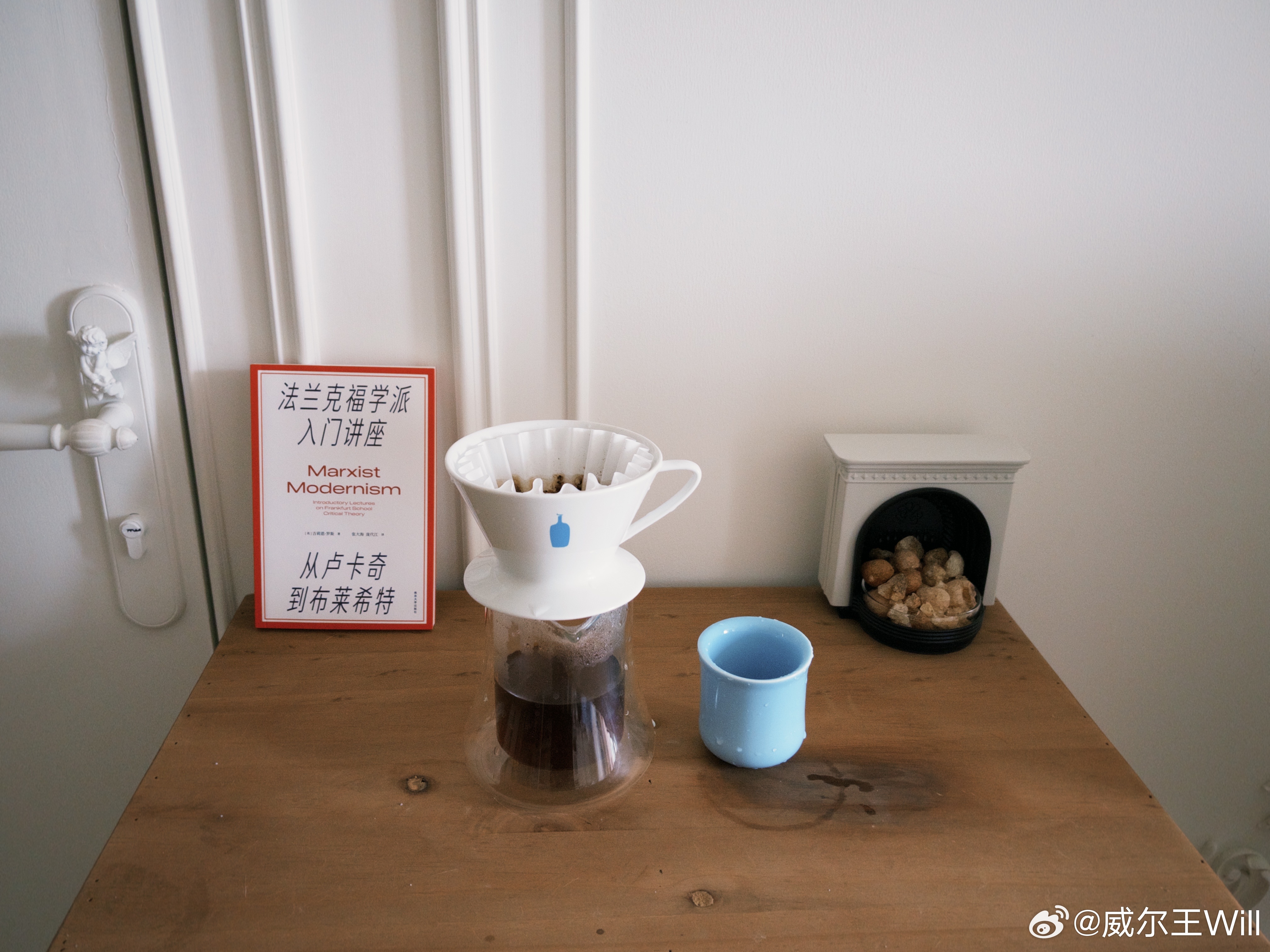 今天用bluebottle滤杯冲爆炸火花，早上体检完去阿果拉买了本新书...