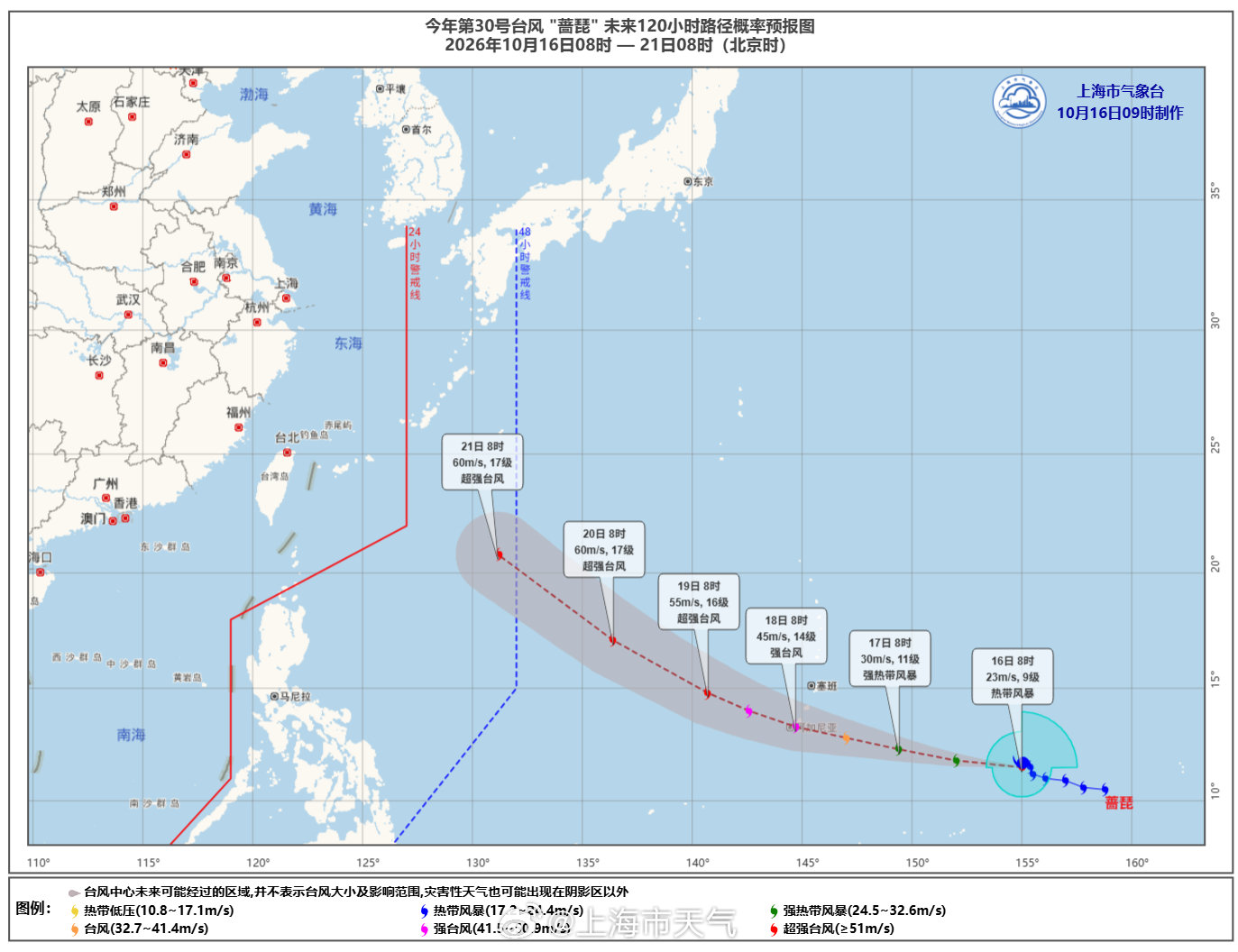 #台风“蔷琵”# 今天（16日）11时，今年第30号台风“蔷琵”的中心距离美国关岛东偏南方向约980公里，强度为热带风暴级（9级，23米/秒）。预计“蔷琵”将以每小时20-25公里的速度向偏西方向移动，强度逐渐增强。未来5天“蔷琵”对我国海区无影响。 ​​​