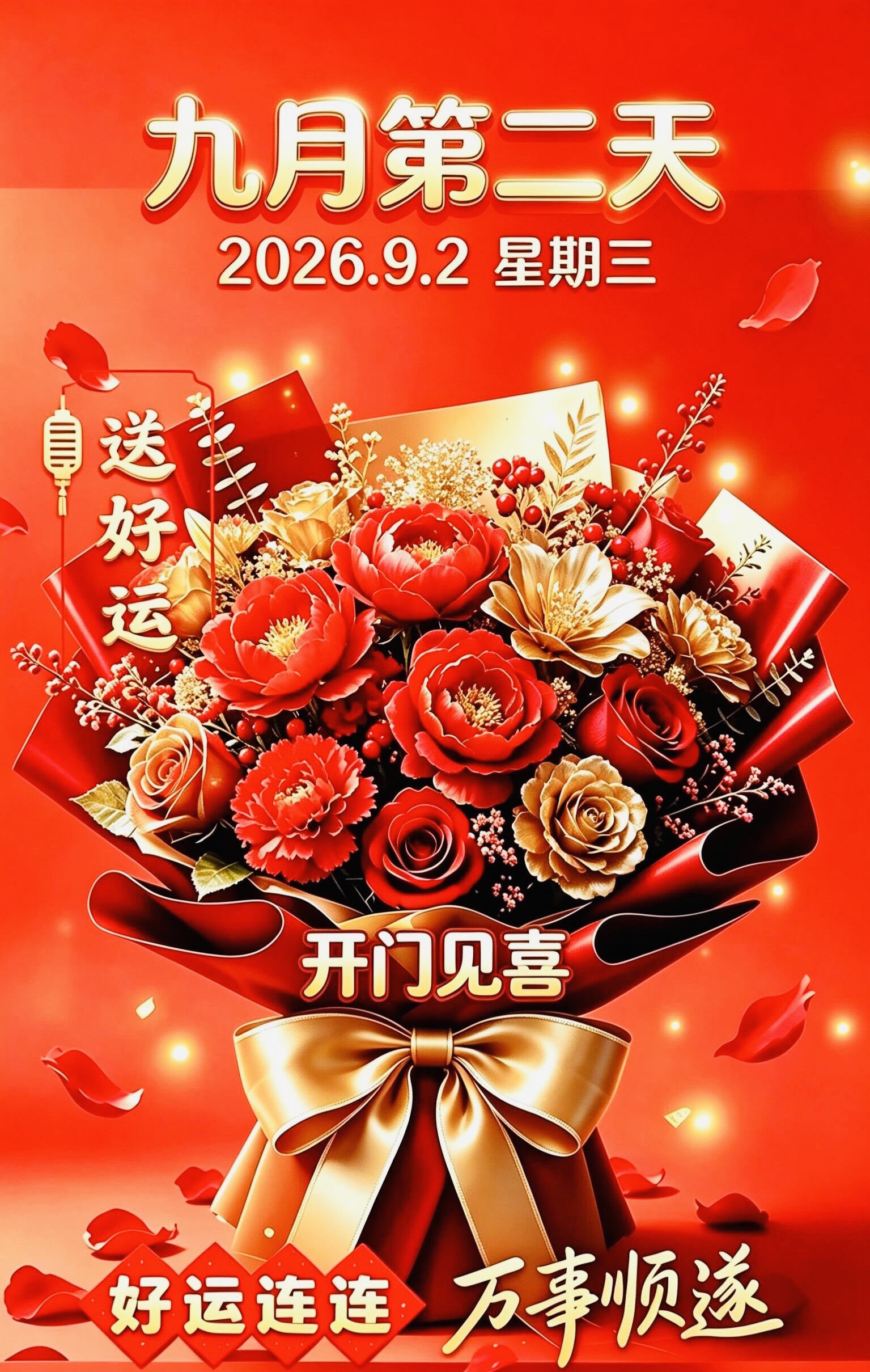 2026年9月2号，
九月好事成双大吉日；

开心快乐星期三，
所求皆如愿如愿以偿；

好运连连星期三，
所行皆坦途四通八达；

喜事连连星期三，
九月喜事一桩接一桩；

星期三迎接佳运，
九月好运天天围您转；

万事如意星期三，
诸事顺心如意皆如愿；

财运亨通星期三，
九月财运连