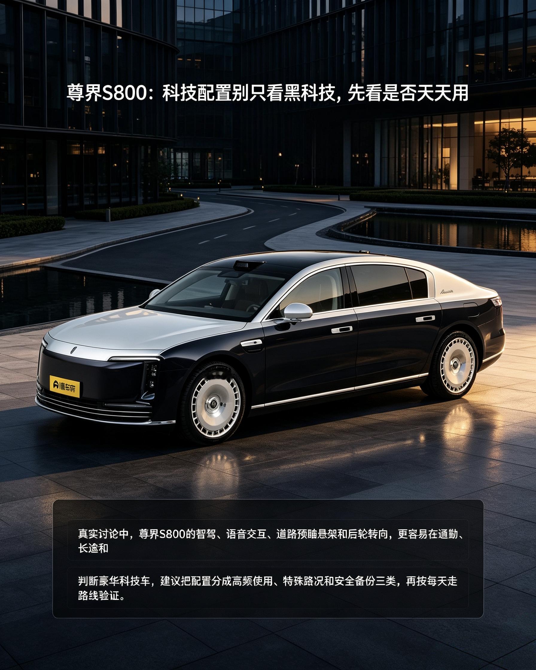 尊界S800
这车堆了不少炫酷科技，别光盯着黑科技。智驾、后轮转向看着厉害，要看你日常能不能用得上。选豪华电车，把配置分成高频使用、应急安全两类，结合通勤路线去试驾验证。【来自懂车帝车友圈】