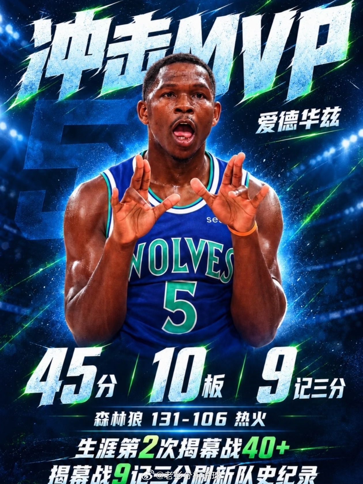#字母哥35分 爱德华兹45分#
华子45+10字母哥35分森林狼25分胜热火
NBA 常规赛，热火今日迎战森林狼，双方休赛季都进行了重大交易，此役字母哥也是主场首秀比赛上来，字母哥就连续冲击拿到分数，双方开场打得十分胶着，森林狼虽然在首节后半段获得拉开分差的机会，但热火很快就给出回应，次节两队继续拉 ​