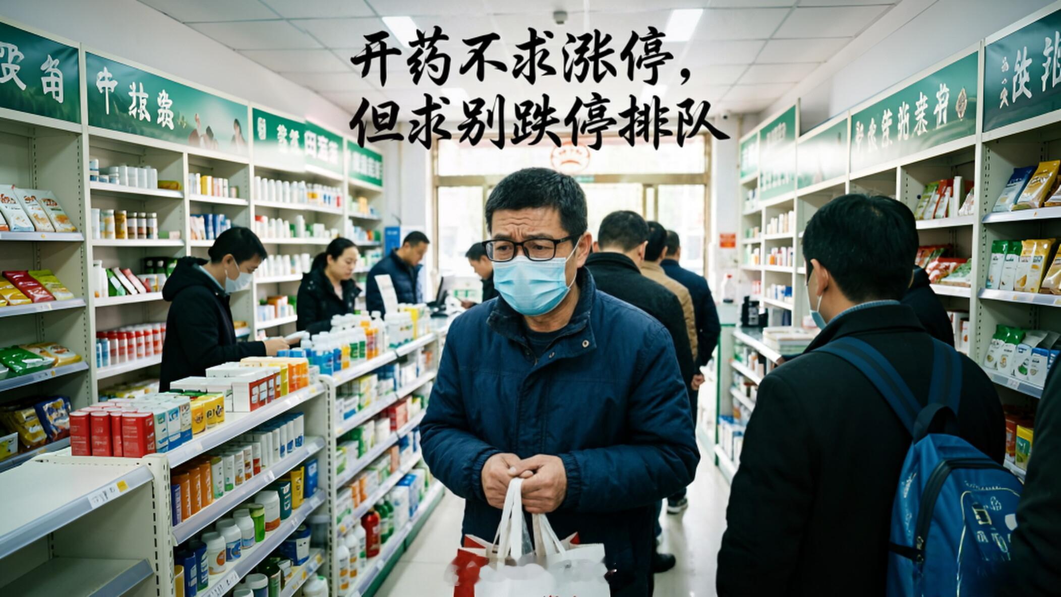楚哥开药，排队K线钉死10人，迷糊一小时依旧原地“跌停”
 
楚哥去药店开慢病药，排队K线钉死"10人"，一个多小时没"解套"，急得直跺脚想哭，楚嫂见状臊得想钻地缝。
 
咱胡同口开非遗文创园的楚哥，昨儿个腿被店门撞得生痛。楚嫂扶着楚哥去附近药店买红花油，主要是走医保开天天要吃的慢病药。

一个多 ​