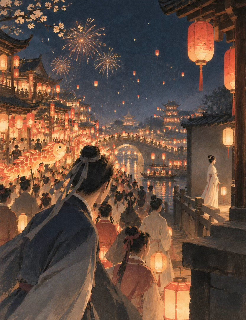 辛弃疾的《青玉案·元夕》：

东风夜放花千树。
更吹落，星如雨。
宝马雕车香满路。
凤箫声动，玉壶光转，一夜鱼龙舞。

蛾儿雪柳黄金缕。
笑语盈盈暗香去。
众里寻他千百度。
蓦然回首，那人却在，灯火阑珊处。

这首词里写的元宵节是一个尽情展示的节日，这一天宵禁大开，所有人都会把自己璀璨夺目的 ​