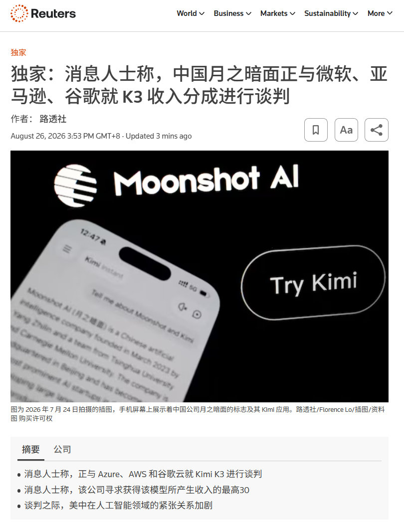路透独家：消息人士称，中国月之暗面正与微软、亚马逊、谷歌就 K3 收入分成进行谈判 ​