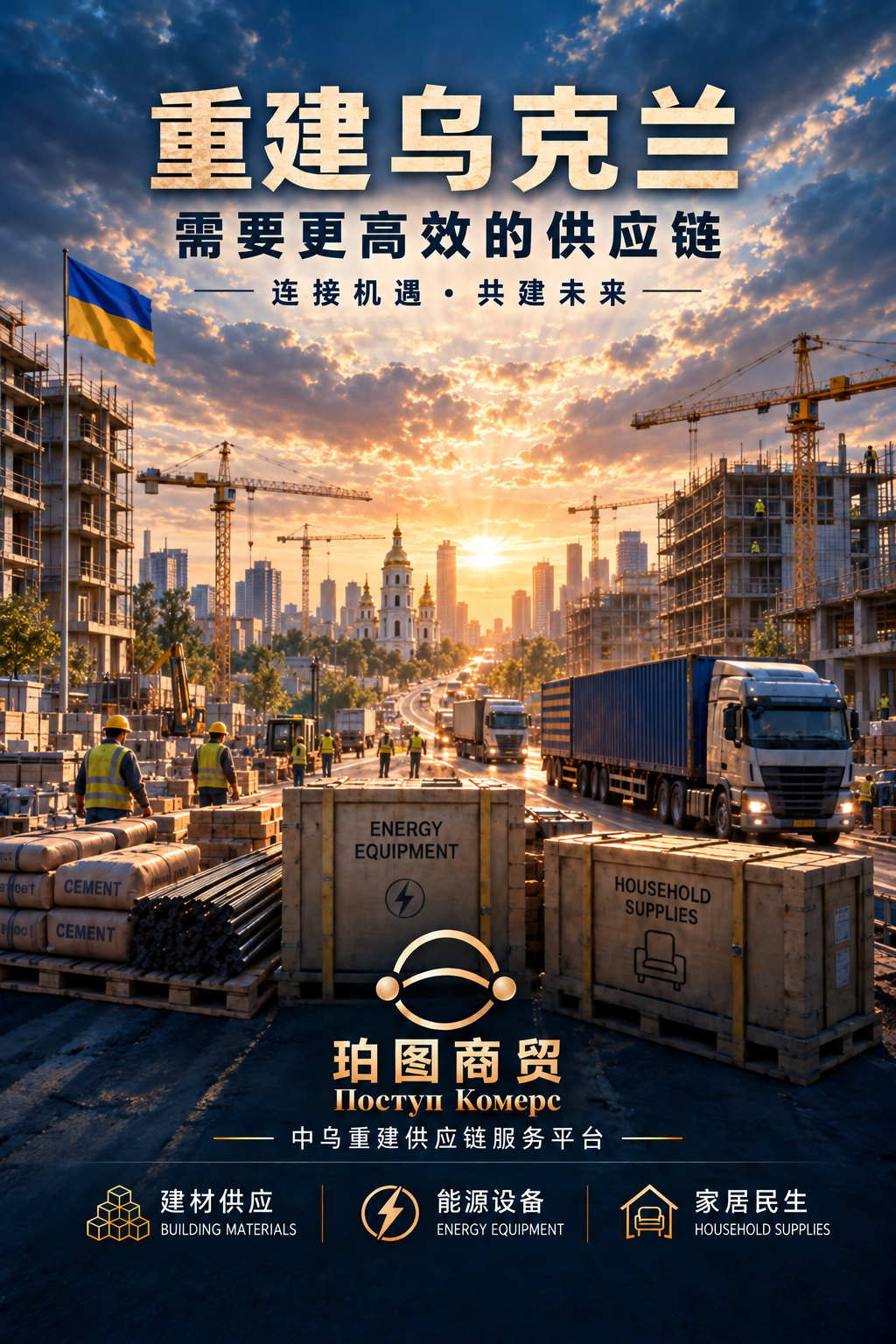 我和乌克兰友人将会在基辅成立中乌重建供应链协调平台——珀图商贸。寻找共建伙伴，有兴趣的朋友可联系VX：jinghufengyun咨询。

乌克兰语公司名「Поступ 」，意为“前行、进步”。取其音译，结合语义，中文名「珀图」——“珀”取自乌克兰代表性的琥珀文化，“图”寓意商贸版图与连接之路，承载 ​