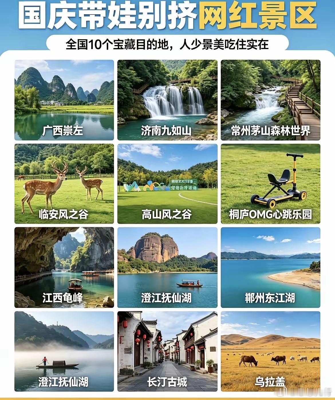 #三代同游孩子2点睡奶奶5点起#国庆带娃别挤网红景区！全国10个宝藏目的地，人少景美吃住实在，不踩坑
​国庆出游最怕三件事：人挤人、物价翻倍、孩子玩得累哭闹！
​今天给大家整理全国最适合国庆带娃出行的10个宝藏景点，全部口碑爆棚、风景顶级、消费亲民、不商业化、老少皆宜，本地人都常去，完全不 ​