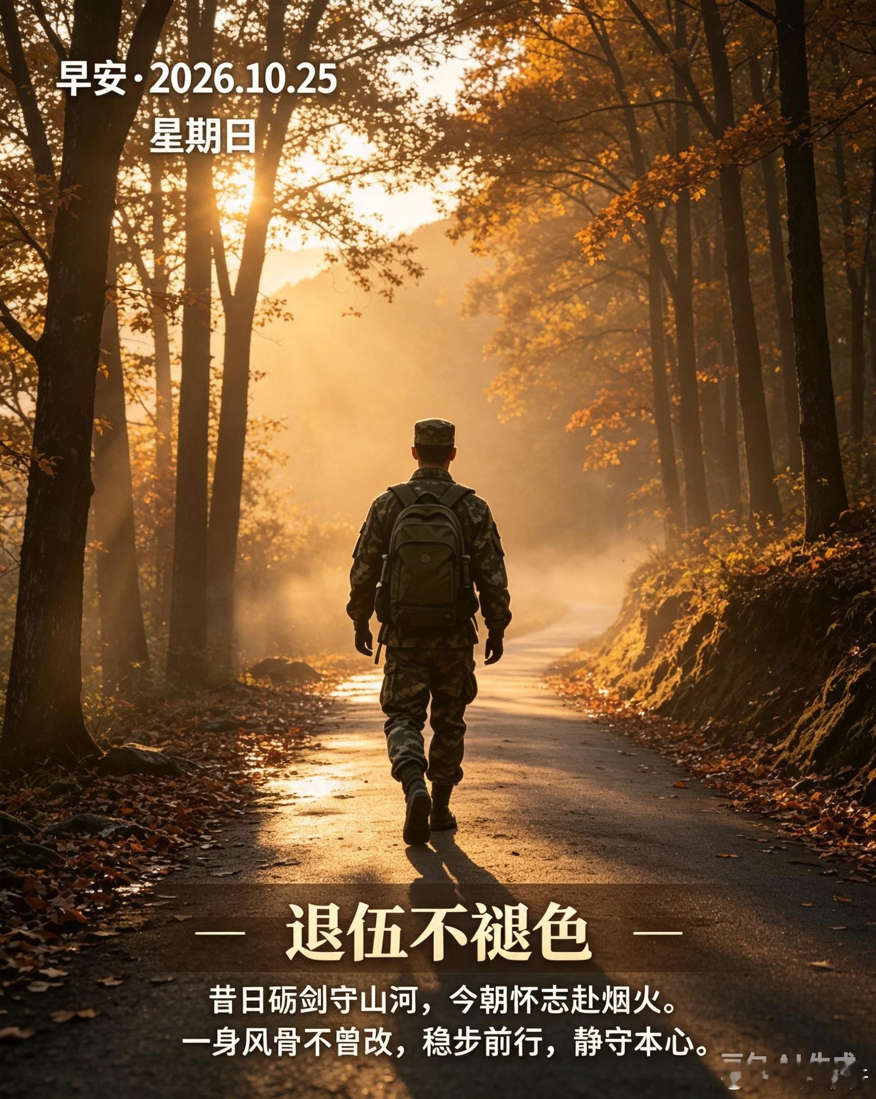 正能量、励志、经典语录合集[超话] 2026年10月25日，星期天，早安。 昔日砺剑守山河，今朝怀志赴烟火。戎装虽解，风骨不变。带着在军营淬炼出的定力，踏实走好每一天，于平凡日子里坚守初心，从容前行。早安心语战狼正能量 ​​​