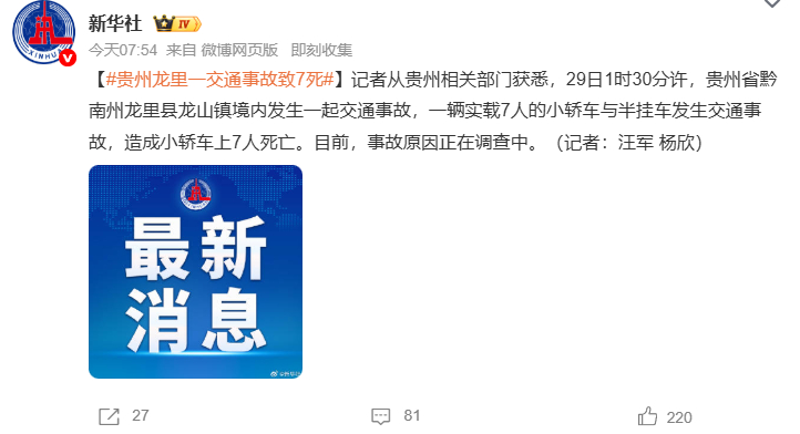 #贵州龙里一交通事故致7死#贵州这起交通事故太让人痛心了！据贵州相关部门消息，29日1时30分许，贵州省黔南州龙里县龙山镇境内发生一起交通事故，一辆实载7人的小轿车与半挂车相撞，造成小轿车上7人不幸全部遇难。目前事故原因正在调查中。7条鲜活的生命一夜之间就没了，实在令人揪心，愿逝者安息，也 ​
