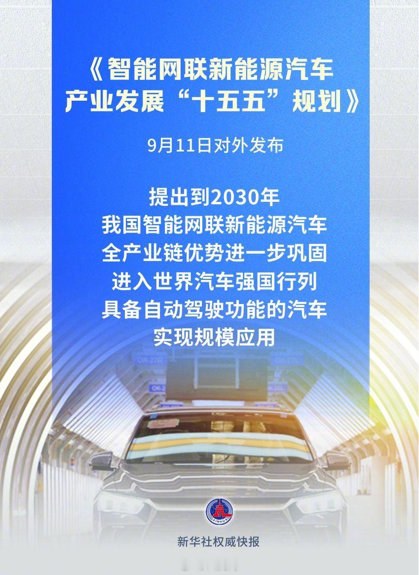 #中国汽车为什么行#【我国提出#到2030年进入世界汽车强国行列#】《智能网联新能源汽车产业发展“十五五”规划》9月11日对外发布。规划提出，到2030年，我国智能网联新能源汽车全产业链优势进一步巩固，进入世界汽车强国行列，国内市场新能源乘用车、商用车在各自领域新车总销量的占比分别达到70%、40% ​