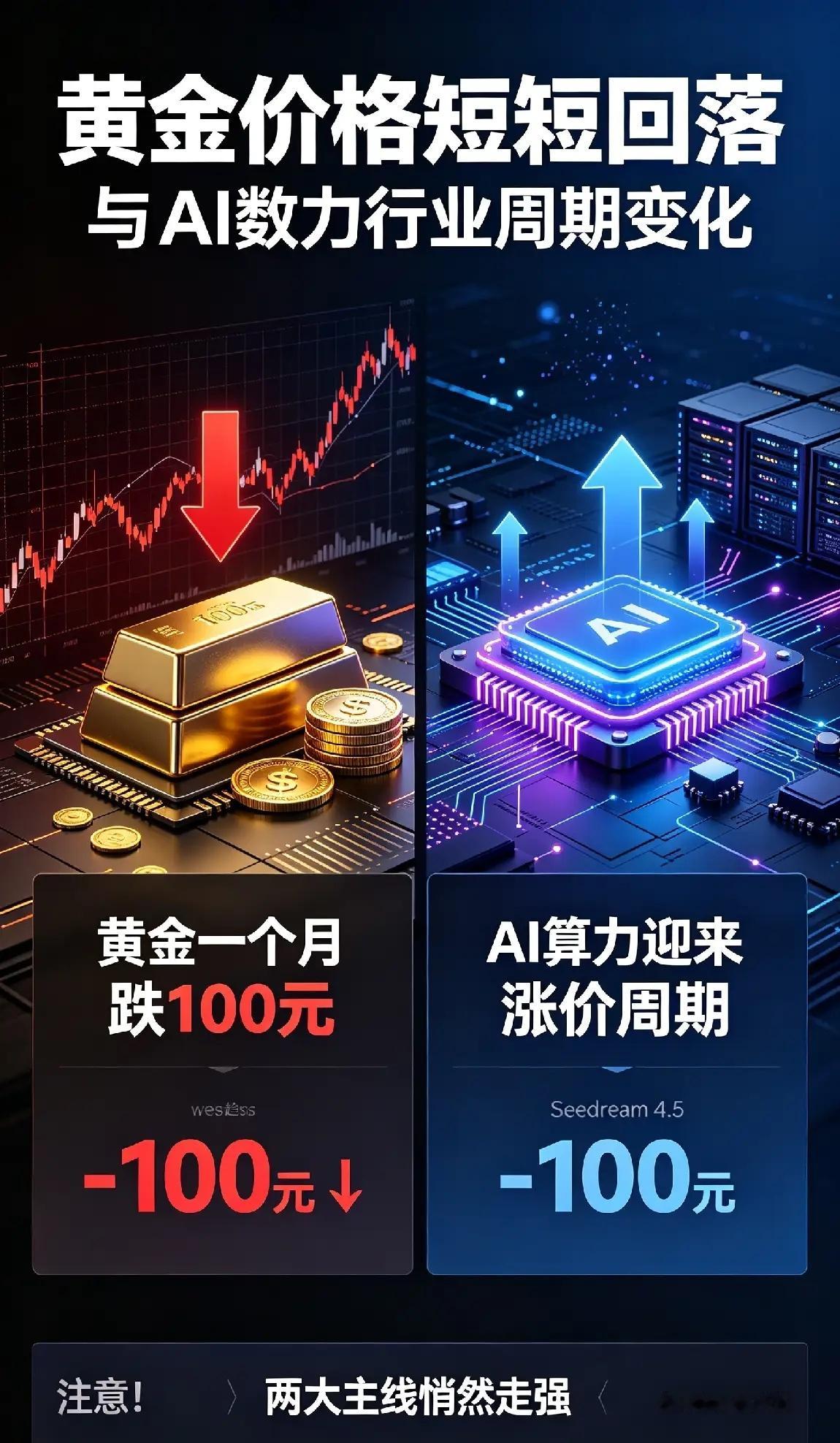注意！黄金一个月跌100元，AI算力迎来涨价周期，两大主线悄然走强
 
今日午盘消息面内容丰富，贵金属、AI产业、出口制造、智能汽车、地缘安全五大方向同步传出关键信号，多空因素交织。本文逐条深度拆解资讯，明确多空属性、受益赛道与核心标的，客观梳理盘面机会，全文仅作行情信息参考，不构成任何投 ​
