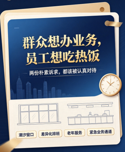 【中安时评|#银行午休不该是二选一难题#】 #银行该不该午休# 霸屏热搜的导火索，是基层网点一则午休调整公告：工作日午间12:30-14:00暂停人工柜面服务，保留自助设备、线上渠道正常服务。
一纸作息调整，引爆了两组真实且无法忽视的民生诉求。
对普通群众而言，工作日午休几乎是上班族唯一能抽空跑网点 ​