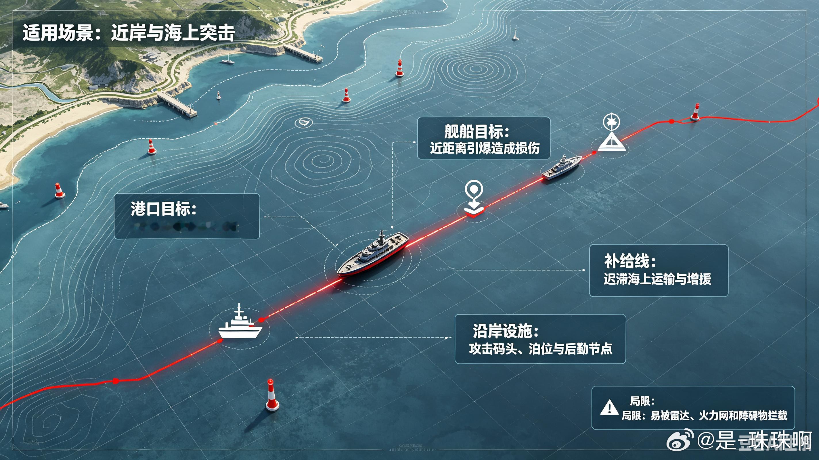 在俄乌黑海对抗中，乌克兰海上自杀无人艇彻底改写了传统近海海战规则，成为弱势海军制衡大型舰队的核心非常规武器，以低成本优势撕开俄军海上防御体系，创造了小艇克大舰的实战范本。

乌军主力MAGURA V5海上无人艇，艇身仅5.5米，采用隐身玻璃钢材质，雷达反射面积极小，难以被常规舰载设备探测。该装 ​
