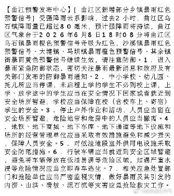 【曲江预警发布中心】[曲江区新增部分乡镇暴雨红色预警信号]受强降雨云系...