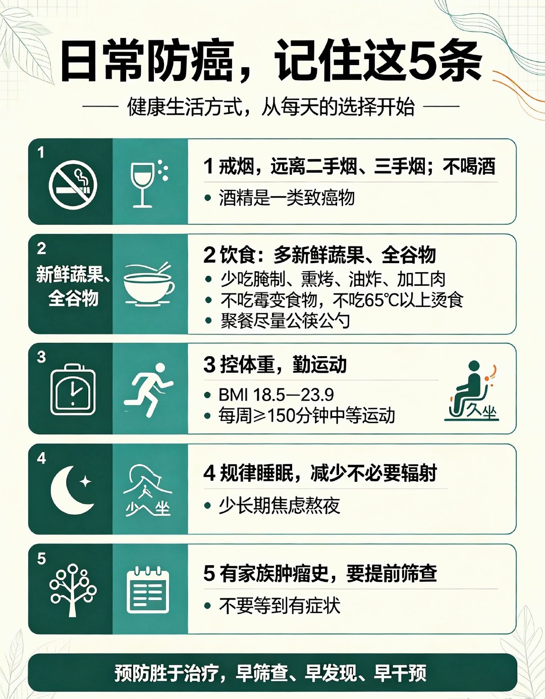 #国家癌症中心公布发病前五癌症#
肺癌、乳腺癌、甲状腺癌、结直肠癌、肝癌是目前发病前五的癌症。防癌没有捷径，日常做好这几点 ​