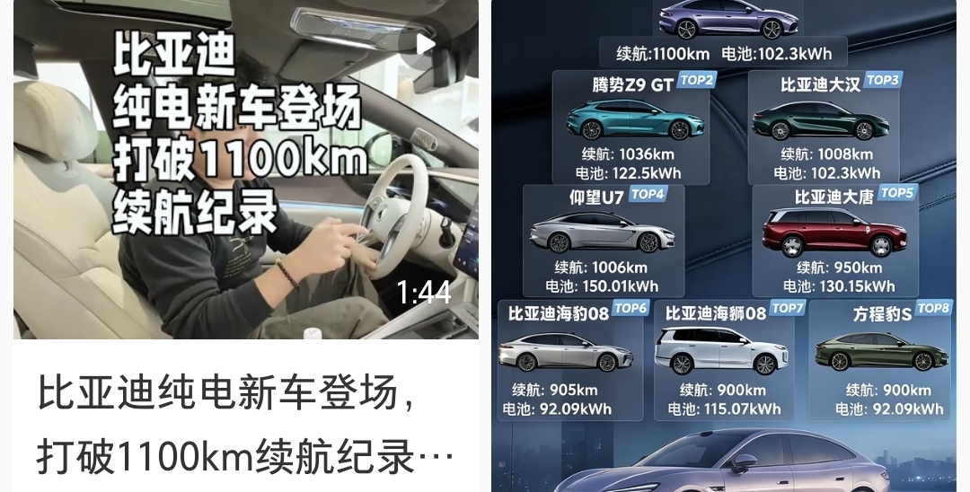 比亚迪新车纯电续航1100km打破纪录

说的就是比亚迪旗下腾势品牌刚上市的Z9S，9月23号正式开卖，直接把量产纯电轿车的续航天花板捅到了1100公里，之前Z9GT的1036公里纪录刚破了没几个月，自己就把自己的纪录给刷新了。

这车用的第二代刀片电池，122.5度电，1000V高压平台，不是固态