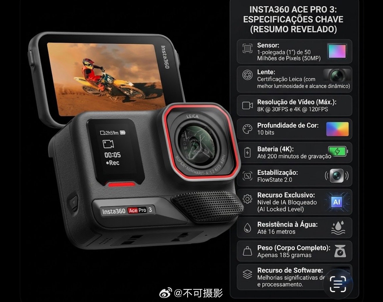 Ace Pro 3曝光#影石insta360##影石acepro2街拍套餐# 
1英寸5000万像素传感器

徠卡色彩

8K/30 fps

4K/120 fps 
10位视频

4K录制200分钟

FlowState 2.0

防水16米

185克

ultra 版本带双摄像头
发布时间-2026年底。 ​