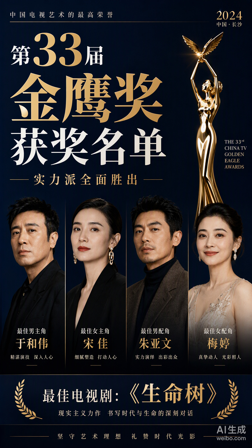 第33届金鹰奖的名单出来了，于和伟和宋佳拿了最佳男女主角，《生命树》成了大赢家。

看这名单，心里挺踏实的。朱亚文、梅婷这些名字，都是咱们平时在剧里看着觉得“这戏稳了”的演员。这次奖项没被流量带偏，而是给了这些实打实的演技派，说明行业还是有一杆秤的。

就像咱们平时买东西讲究性价比，看 ​
