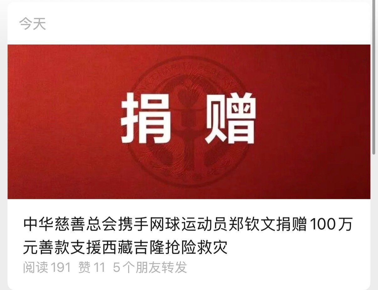 #郑钦文为西藏灾区捐款100万元#郑钦文👍！👍！这才是真正的有格局。那些几百亿大佬，几千万当洒洒水的有钱人怎么不捐款？果然还得是我们运动员才能传播正能量。 ​
